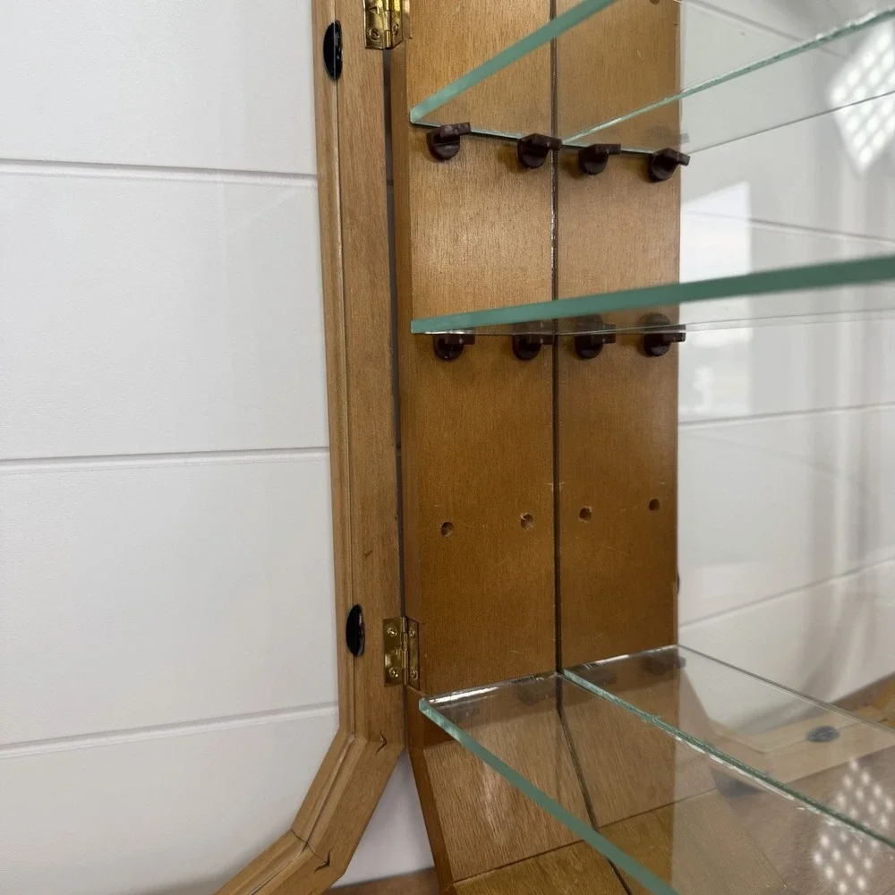 VTG Wood Glass Mirror Octagonal Trinket Cabinet Wall Hanging Curio Shelf 80s 90s